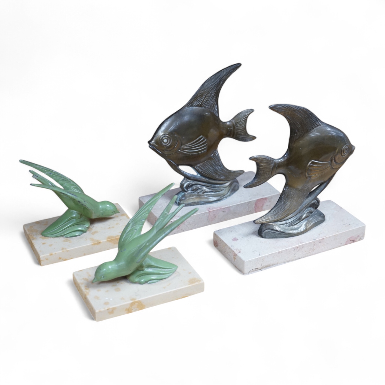 Two pairs of Art Deco patinated metal fish and bird book-ends, 17cm. Condition - fair to good